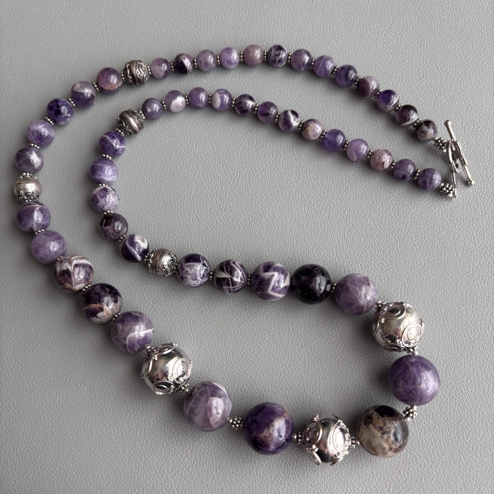 Meran 925 Sterling Purple Amethyst Graduated Bead Necklace Beads 28.5"